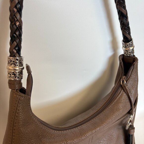 BRIGHTON Barbados Brown Pebbled Leather Hobo Shoulder Bag With Braided Handle - Picture 3 of 8